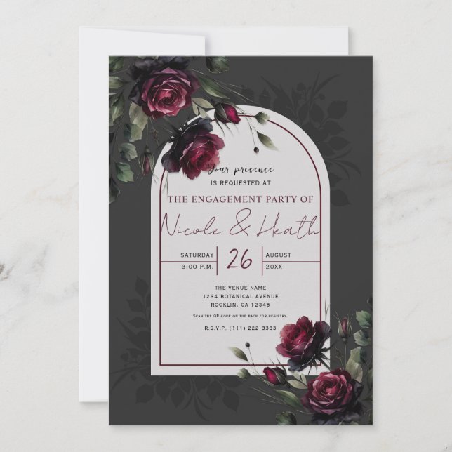 Bordeaux Red Roses Shadowy Grey Floral Engagement  Invitation (Front)