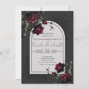 Bordeaux Red Roses Shadowy Grey Floral Engagement  Invitation
