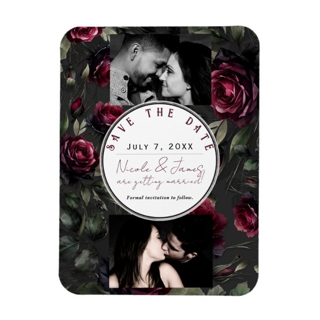 Bordeaux Red Roses Shadowy Grey Floral Save Date Magnet (Vertical)