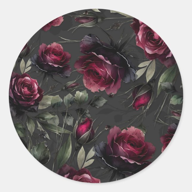 Bordeaux Red Roses Shadowy Grey Floral Wedding Classic Round Sticker (Front)
