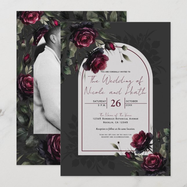 Bordeaux Red Roses Shadowy Grey Floral Wedding Invitation (Front/Back)