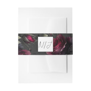 Bordeaux Red Roses Shadowy Grey Floral Wedding Invitation Belly Band