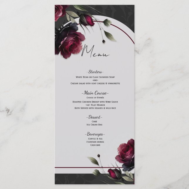 Bordeaux Red Roses Shadowy Grey Floral Wedding Menu (Front)