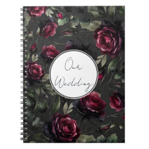 Bordeaux Red Roses Shadowy Grey Floral Wedding Notebook