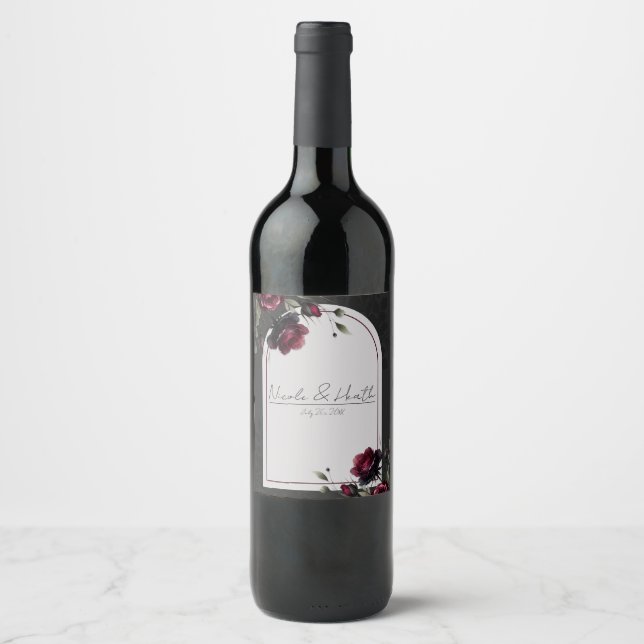 Bordeaux Red Roses Shadowy Grey Floral Wedding Wine Label (Front)