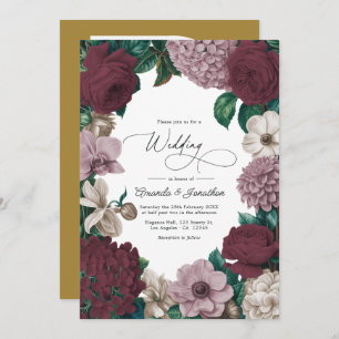 Bordeaux Wine, Mauve Smoke & Tulle Beige Wedding Invitation
