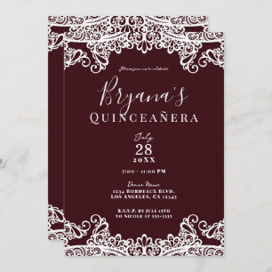 Bordeaux Wine & White Lace Elegant Quinceañera Invitation