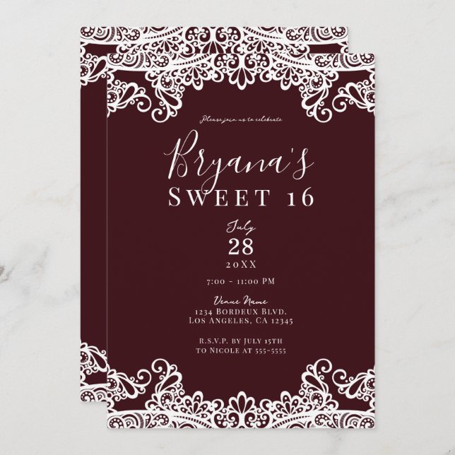 Bordeaux Wine White Lace Elegant Sweet 16 Party   Invitation (Front/Back)