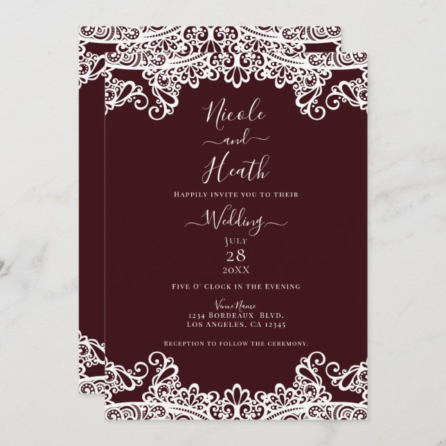 Bordeaux Wine & White Lace Elegant Wedding    Invitation (Front/Back)