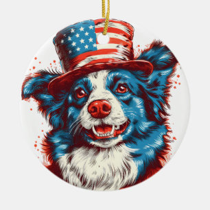 Border colie with an American flag hat Ceramic Ornament