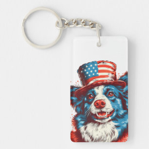 Border colie with an American flag hat Key Ring