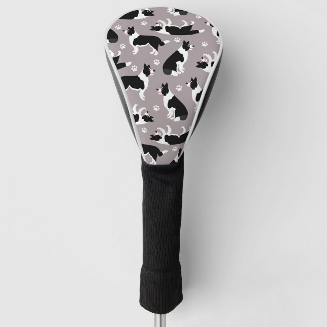 Border Collie and Paw Print Golf Head Cover (Front)