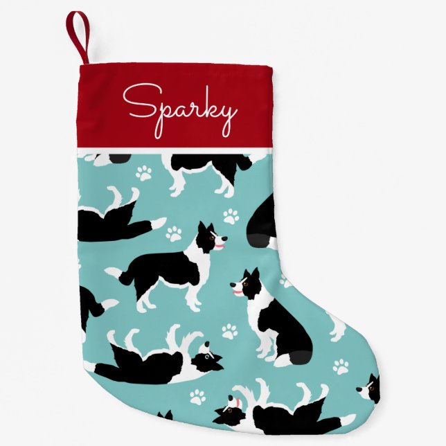 Border Collie and Paw Print Small Christmas Stocking (Front)