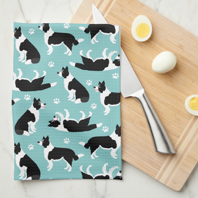 Border Collie and Paw Print Tea Towel (Quarter Fold)