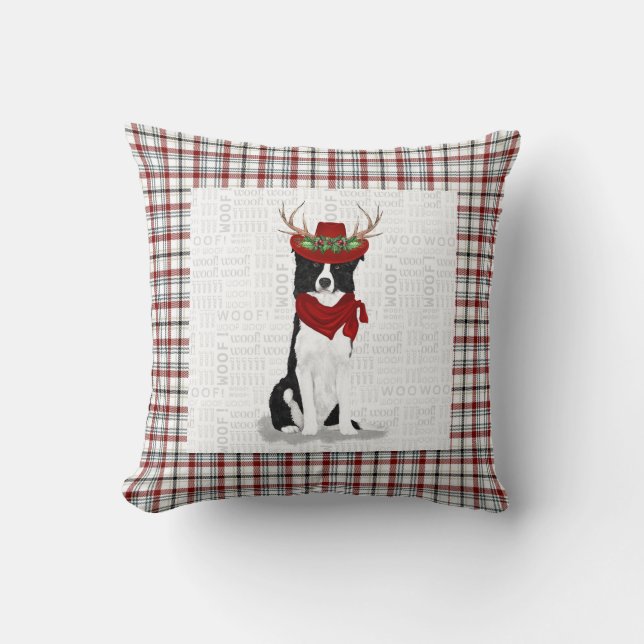 Border Collie and Western Plaid Christmas Dog Cushion (Front)