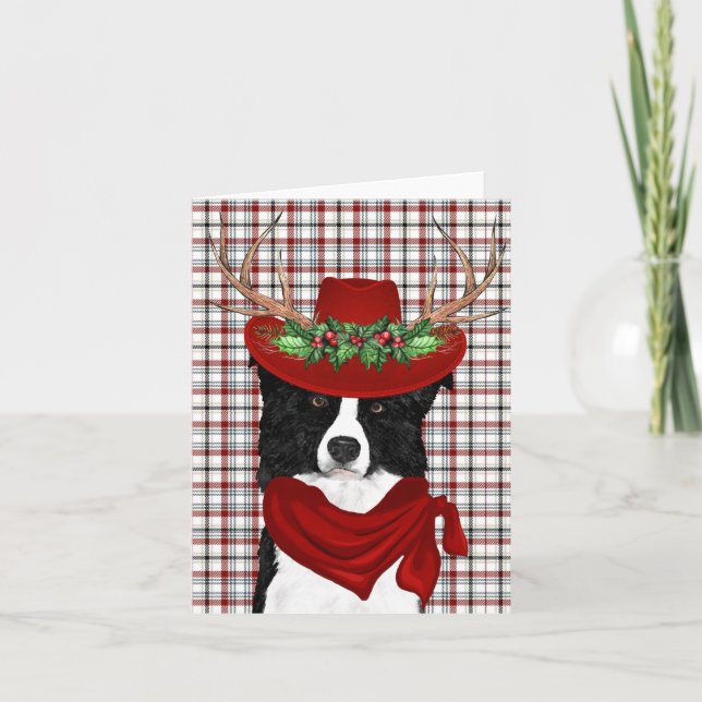 Border Collie and Western Plaid Christmas Holiday Card (Front)