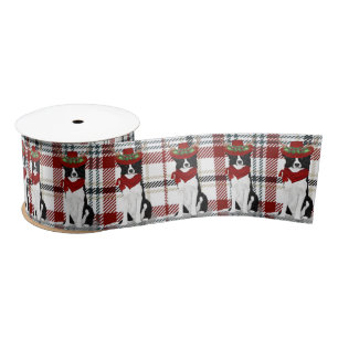 Border Collie and Western Plaid Dog Christmas Satin Ribbon