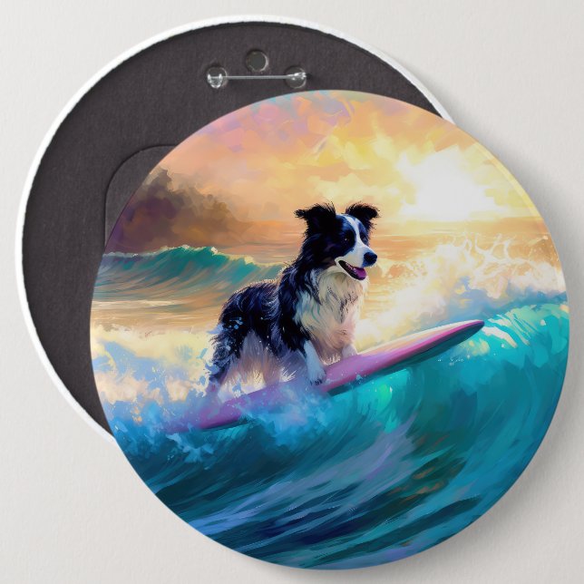 Border Collie Beach Surfing Painting 6 Cm Round Badge (Front & Back)