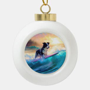 Border Collie Beach Surfing Painting Ceramic Ball Christmas Ornament