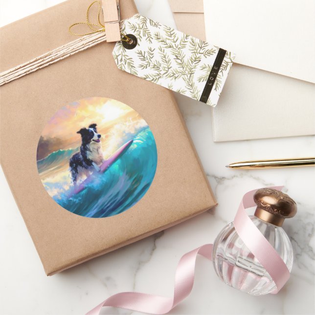 Border Collie Beach Surfing Painting Classic Round Sticker (Gifting)