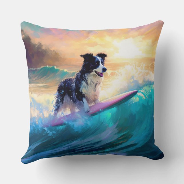Border Collie Beach Surfing Painting Cushion (Back)