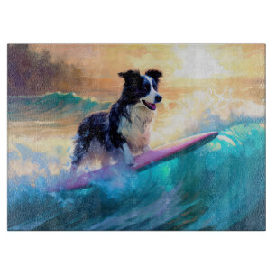 Border Collie Beach Surfing Painting Cutting Board