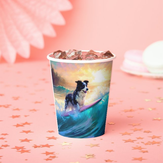 Border Collie Beach Surfing Painting Paper Cups (Insitu)