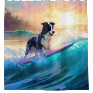 Border Collie Beach Surfing Painting Shower Curtain