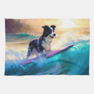 Border Collie Beach Surfing Painting Tea Towel