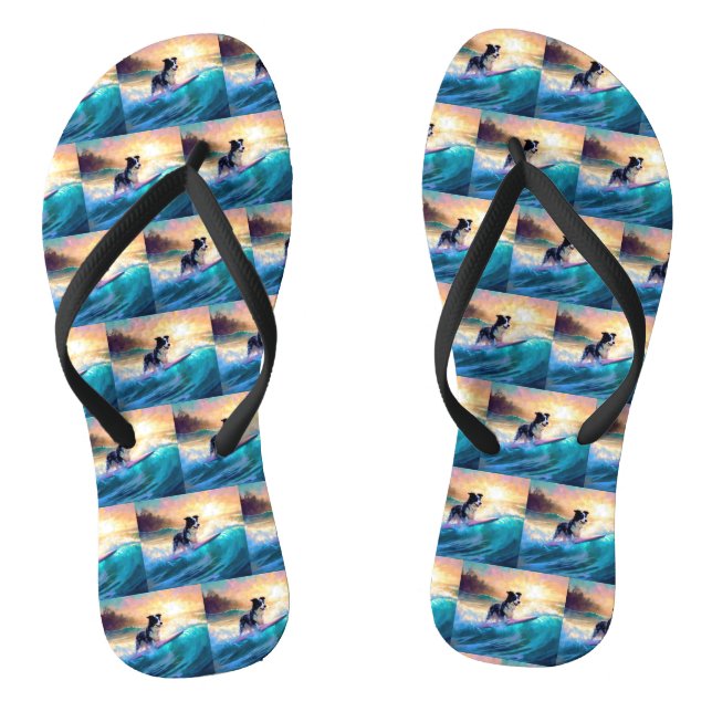 Border Collie Beach Surfing Painting Thongs (Footbed)