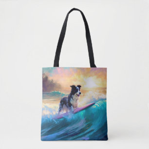 Border Collie Beach Surfing Painting Tote Bag