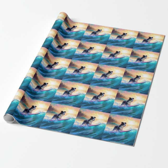 Border Collie Beach Surfing Painting Wrapping Paper (Unrolled)