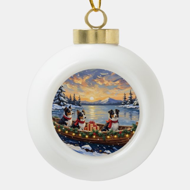 Border Collie Christmas Boat Holiday Ceramic Ball Christmas Ornament (Front)