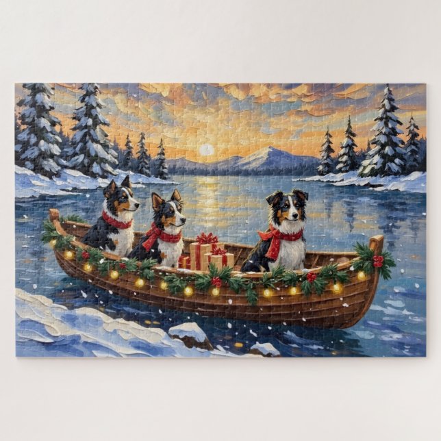 Border Collie Christmas Boat Holiday Jigsaw Puzzle (Horizontal)