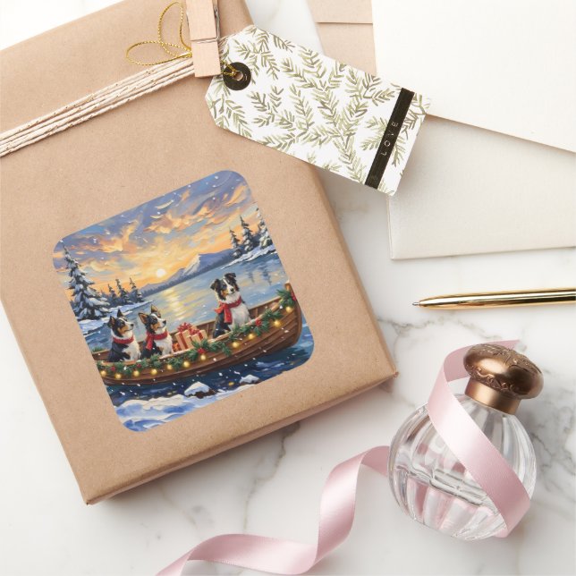 Border Collie Christmas Boat Holiday Square Sticker (Gifting)