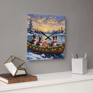 Border Collie Christmas Boat Holiday Square Wall Clock