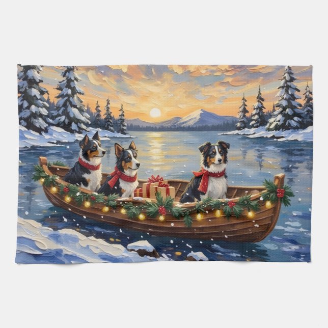Border Collie Christmas Boat Holiday Tea Towel (Horizontal)