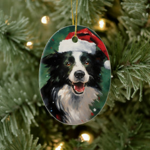 Border Collie Christmas brush painting artwork Ceramic Ornament
