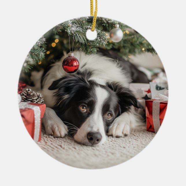 Border Collie Christmas Ceramic Ornament (Front)