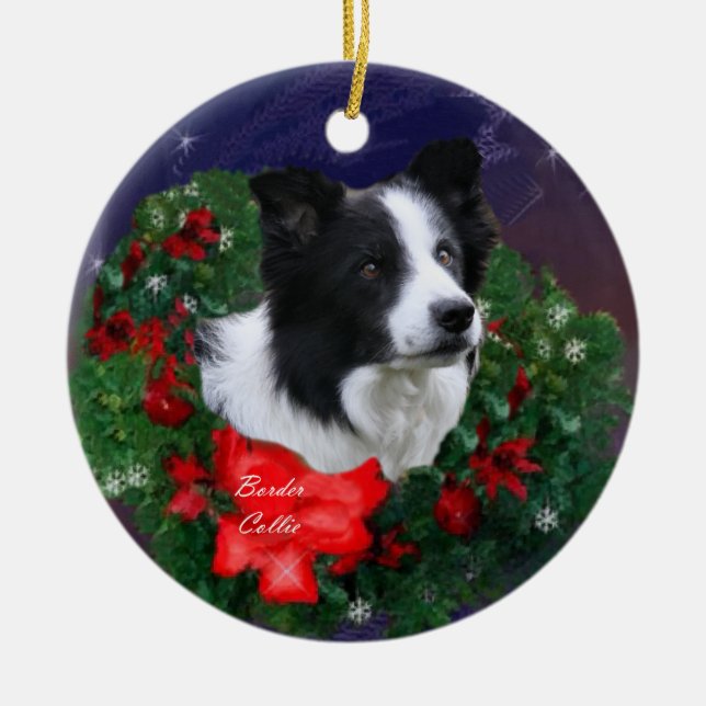 Border Collie Christmas Ceramic Ornament (Front)