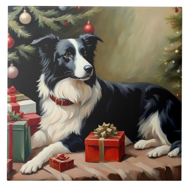 Border Collie Christmas Ceramic Tile (Front)