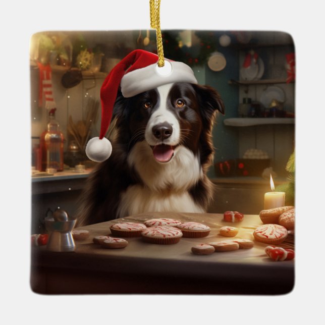 Border Collie Christmas Cookies Festive Holiday Ceramic Ornament (Front)