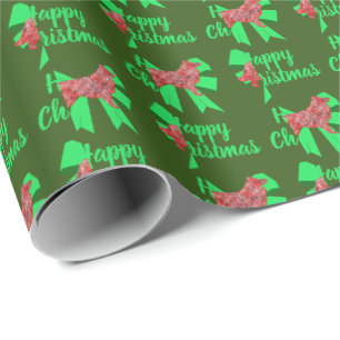Border Collie Christmas Dog & Green Bow Green Wrapping Paper