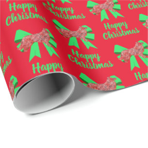 Border Collie Christmas Dog & Green Bow Red Wrapping Paper
