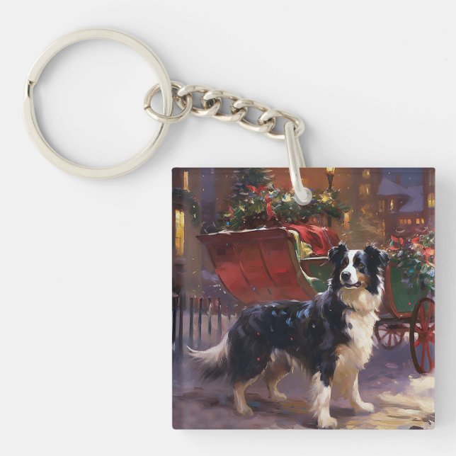 Border Collie Christmas Festive Season  Key Ring (Front)