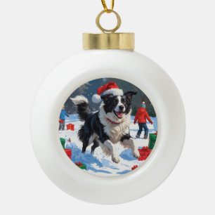 Border Collie Christmas Festive Snow Scene Ceramic Ball Christmas Ornament