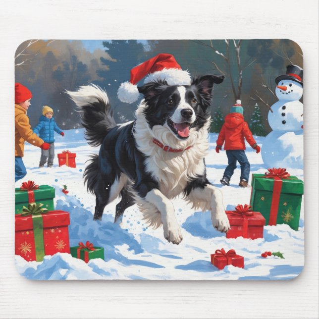 Border Collie Christmas Festive Snow Scene Mouse Pad (Front)
