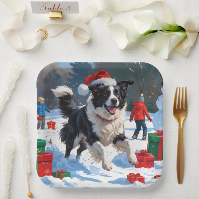 Border Collie Christmas Festive Snow Scene Paper Plate (Wedding)