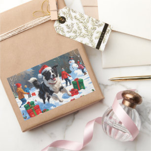 Border Collie Christmas Festive Snow Scene Rectangular Sticker