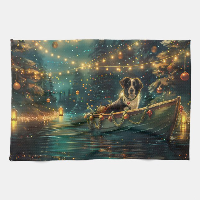 Border Collie Christmas Festive Voyage Tea Towel (Horizontal)